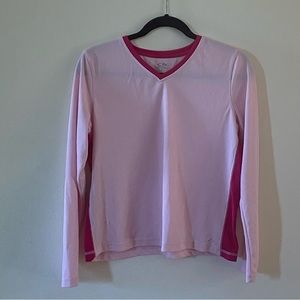 Champion Shirt Women Large Pink Tee V-Neck Long Sleeve Top Logo Breathable